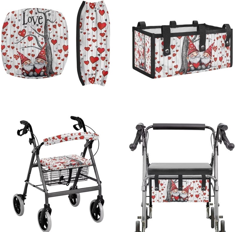 LedBack Love Hearts Gnome Universal Rollator Walker Seat and Backrest Covers Rollator Cover Walker Accessories Sets for Seniors Durable Underseat Pouch Tote for Valentines Day - Image 1